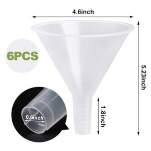 SBYURE 6 Pack Plastic Funnels, 4.6 Inch Multi-Purpose Clear Plastic Funnels with Long Reaching Spout for Science Lab Bottle Filling Liquid,Water Bottle,Easy and Smooth Transfer