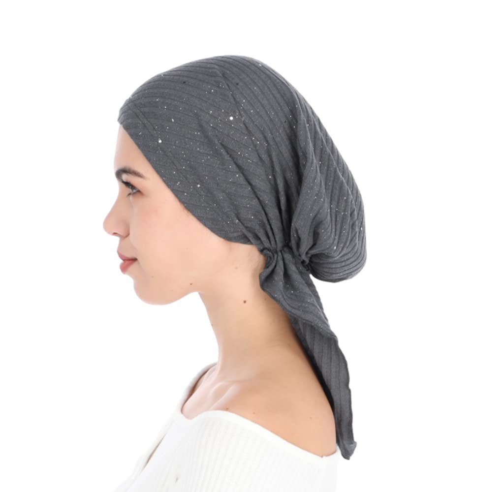 Madison Headwear Pre-Tied Hair Scarves for Women Featuring A Unique Sparkly Foil Finish and Stretchy Ribbed Fabric (Heather Grey)