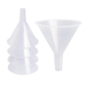 sbyure 6 pack plastic funnels, 4.6 inch multi-purpose clear plastic funnels with long reaching spout for science lab bottle filling liquid,water bottle,easy and smooth transfer