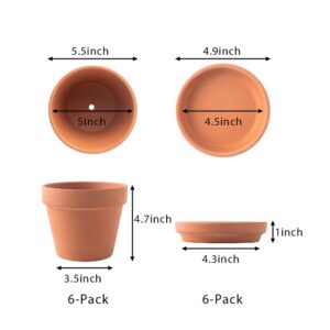 Terra Cotta Pots with Saucer- 6-Pack Large Clay Pots 5.5'' Ceramic Pottery Planter Cactus Flower Succulent Pot with Drainage Hole- Great for Plants,Crafts terra cotta planter