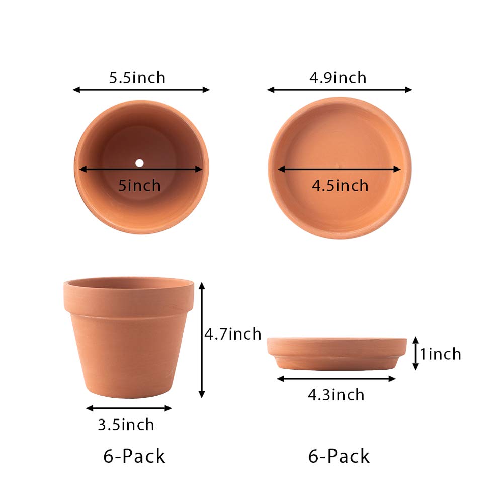 Terra Cotta Pots with Saucer- 6-Pack Large Clay Pots 5.5'' Ceramic Pottery Planter Cactus Flower Succulent Pot with Drainage Hole- Great for Plants,Crafts terra cotta planter