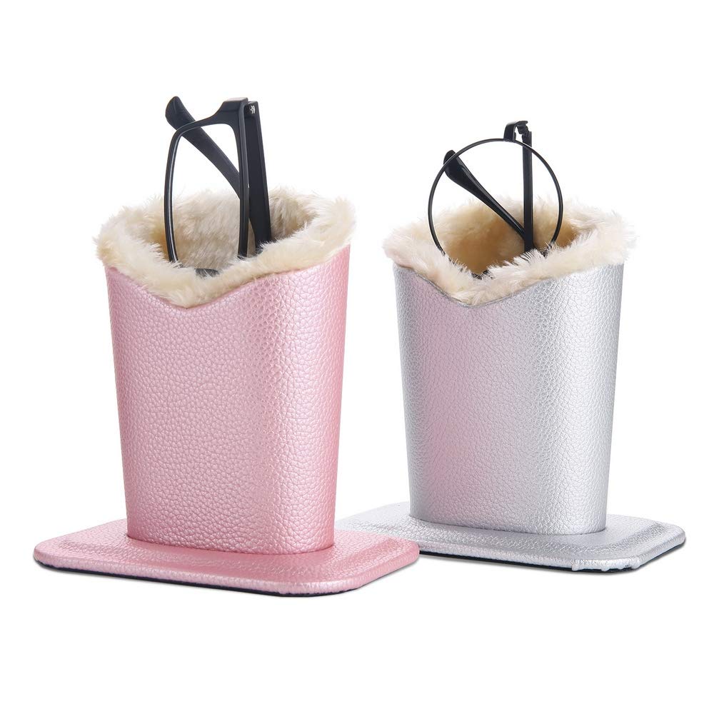 Siveit Eyeglass Holders, PU Leather Eyeglass Holder Stands with Soft Plush Lining, Silver, Pink - 2 Packs