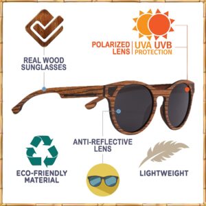 Woodies One-Bridge Classic Round All-Wood Sunglasses | Panto Shape, Dark Polarized Lens | 100% UVA/UVB Ray Protection