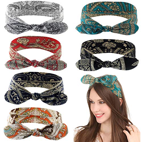 Carede Bandana Headband for Women Vintage Paisley Knot Headbands Bow Headband Elastic Cute Hair Band,Pack of 6