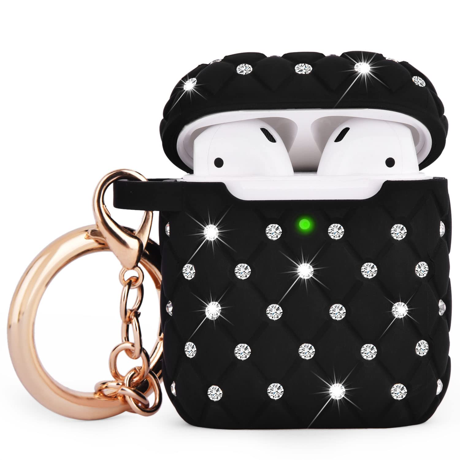 CAGOS for Airpod Case 2nd/1st Generation, Cute Rhinestone Airpods Case Protective Cover Accessories Keychain Compatible with Airpods Gen 2 1st Case Women Girls, Black