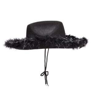 Juvolicious Cowboy Hats for Women and Men - Fluffy, Sparkly Black Cowgirl Hat with Feathers for Costume, Dress Up Birthday, Party