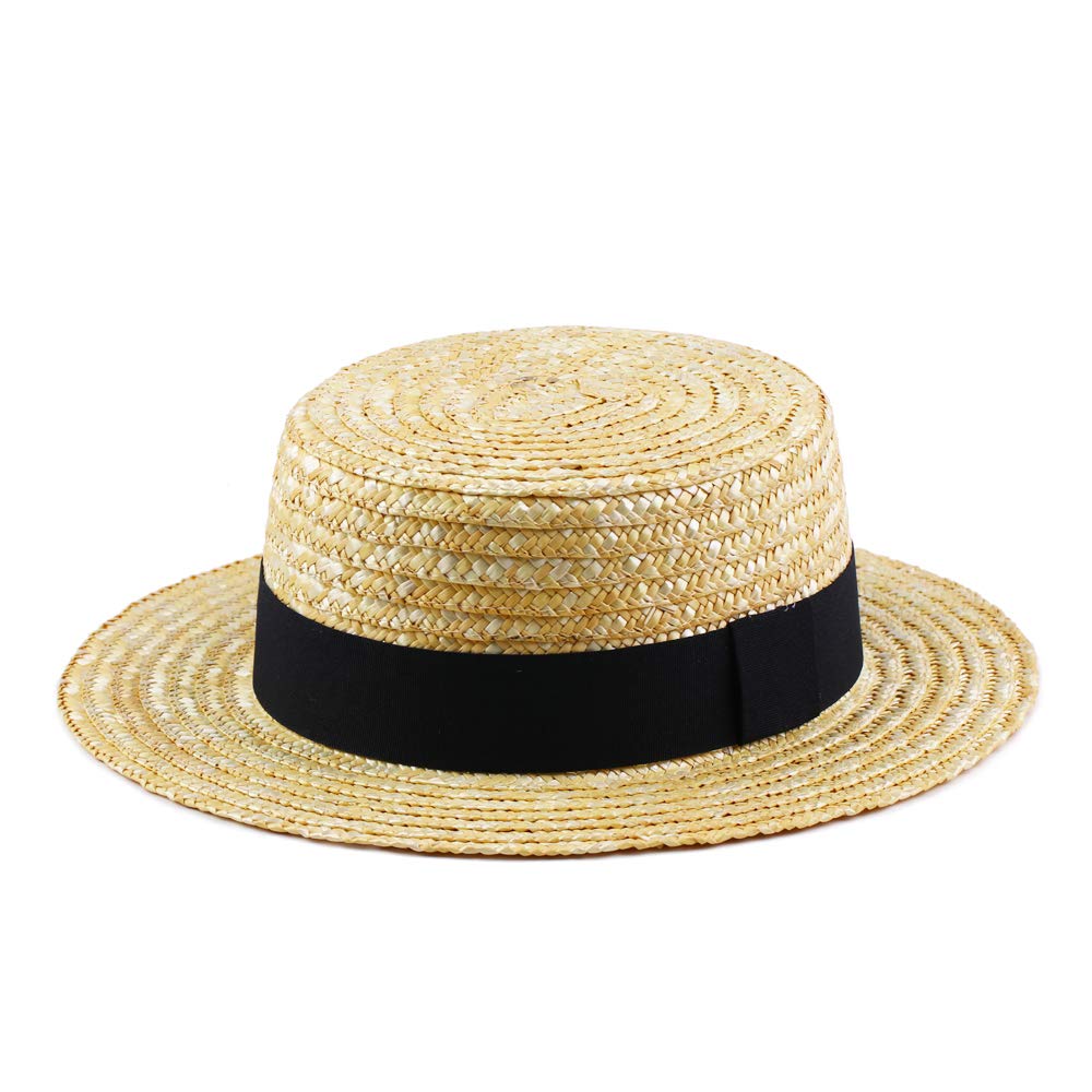 Boater Hats for Men Women Straw Skimmer Hat Wide Brim Halloween Christmas Costume(Black Band)