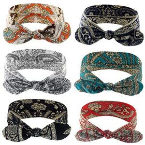 carede bandana headband for women vintage paisley knot headbands bow headband elastic cute hair band,pack of 6