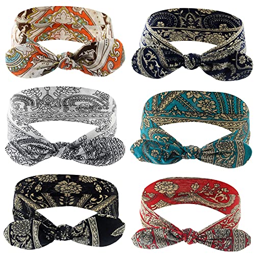 Carede Bandana Headband for Women Vintage Paisley Knot Headbands Bow Headband Elastic Cute Hair Band,Pack of 6