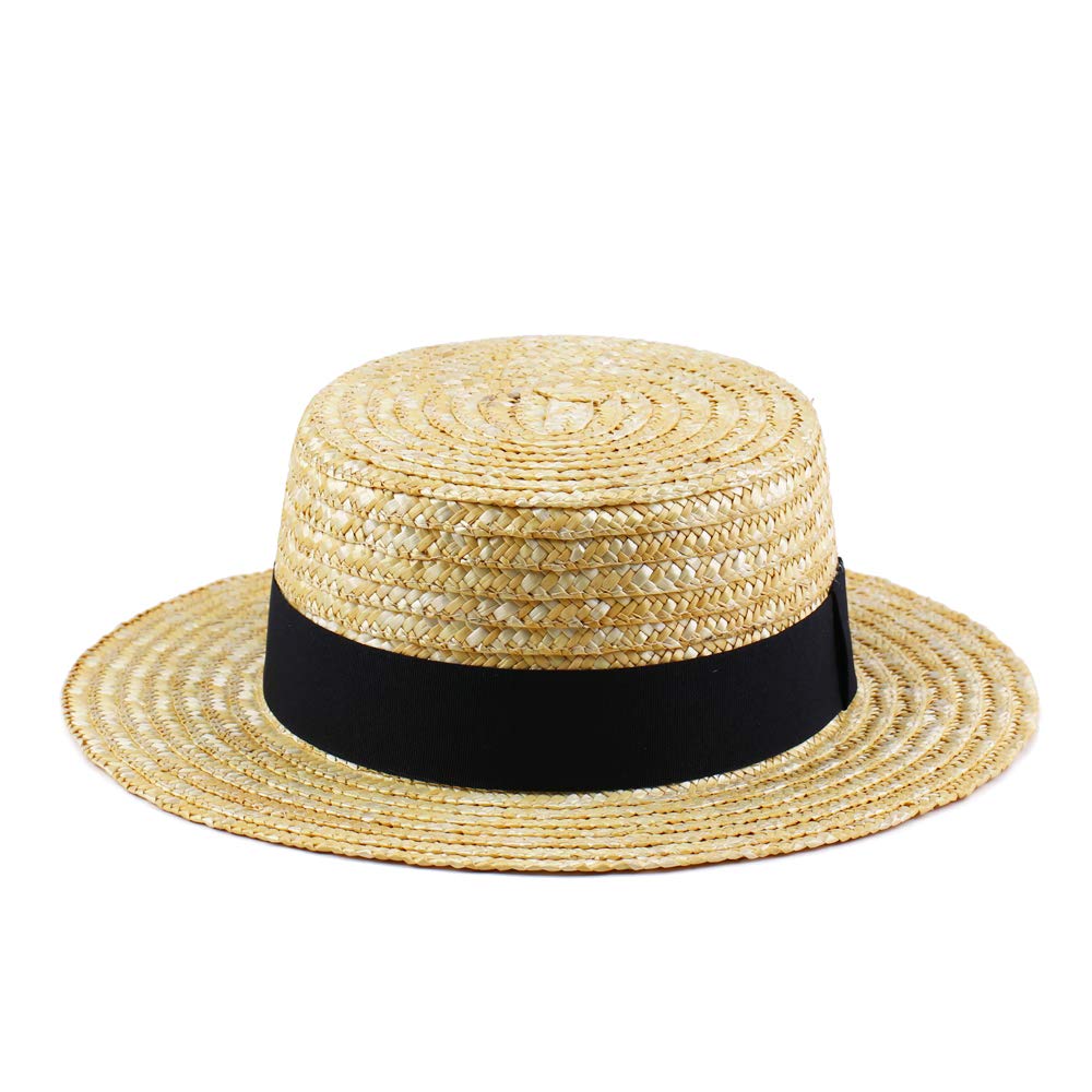 Boater Hats for Men Women Straw Skimmer Hat Wide Brim Halloween Christmas Costume(Black Band)