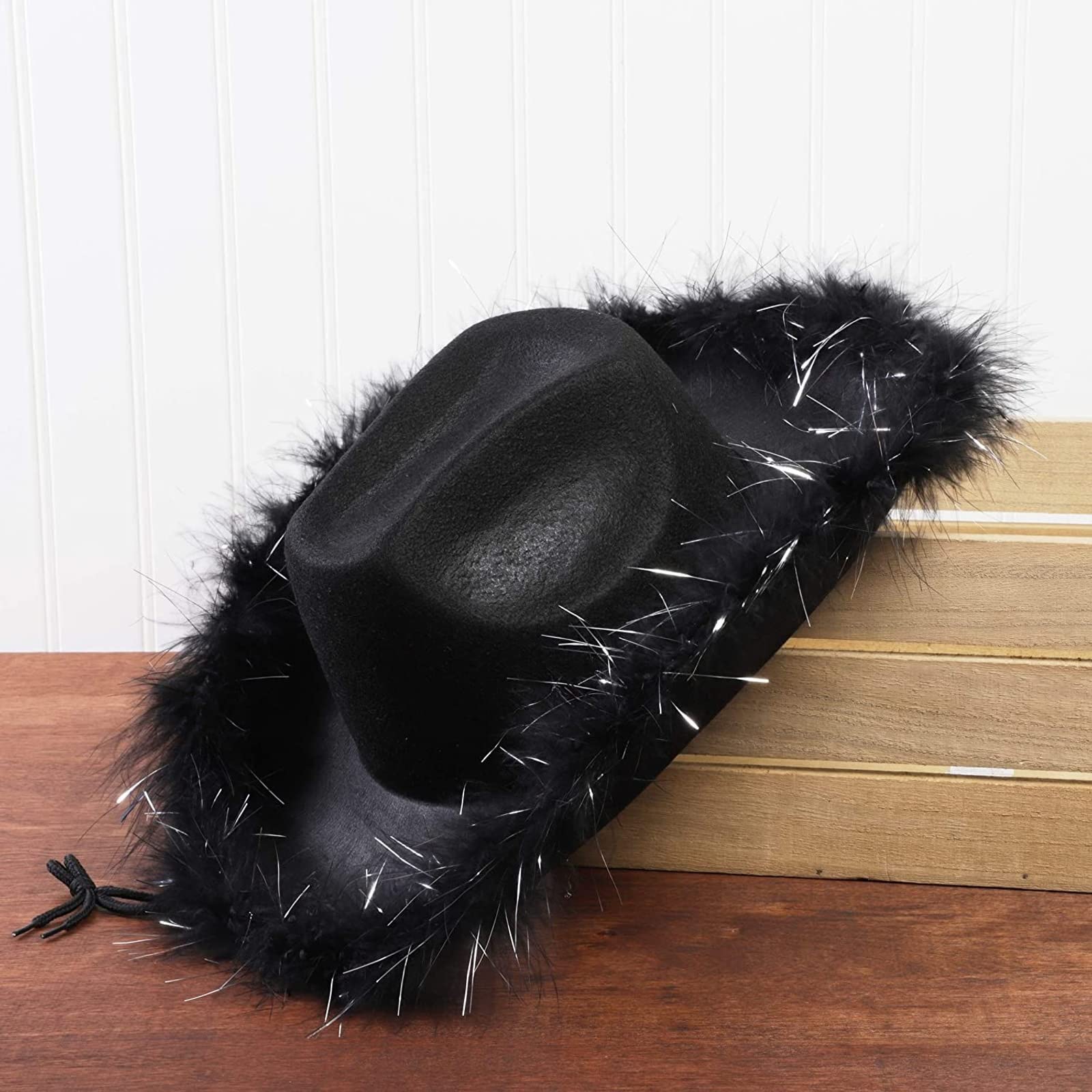 Juvolicious Cowboy Hats for Women and Men - Fluffy, Sparkly Black Cowgirl Hat with Feathers for Costume, Dress Up Birthday, Party