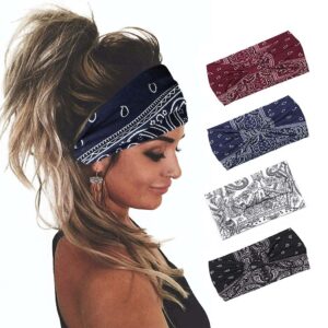 yean boho wide headbands black stretch hair bands elastic turbans stylish head wraps for women and girls (pack of 4) (boho)