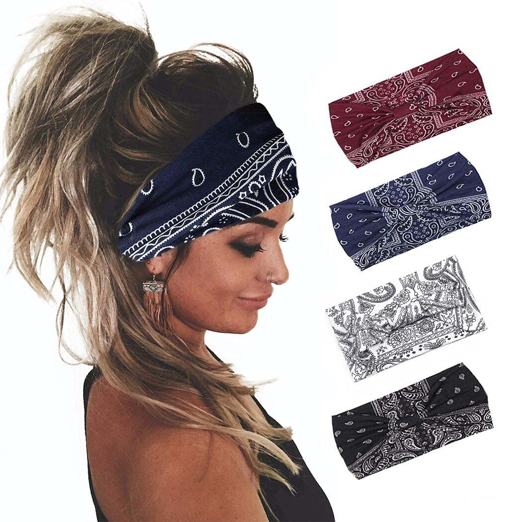 Yean Boho Wide Headbands Black Stretch Hair Bands Elastic Turbans Stylish Head Wraps for Women and Girls (Pack of 4) (Boho)