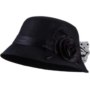 vijiv women's vintage 1920s gatsby hat linen bucket cloche derby church hat for cocktail party with floral 56-58cm black