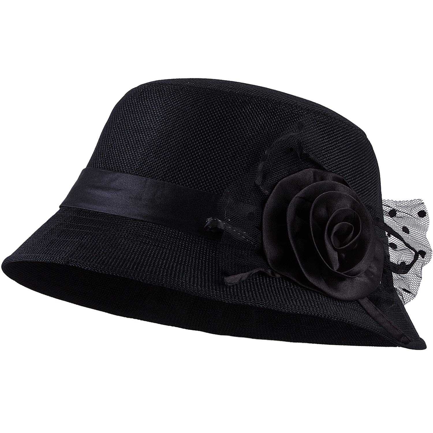 Vijiv Women's Vintage 1920s Gatsby Hat Linen Bucket Cloche Derby Church Hat for Cocktail Party with Floral 56-58cm Black