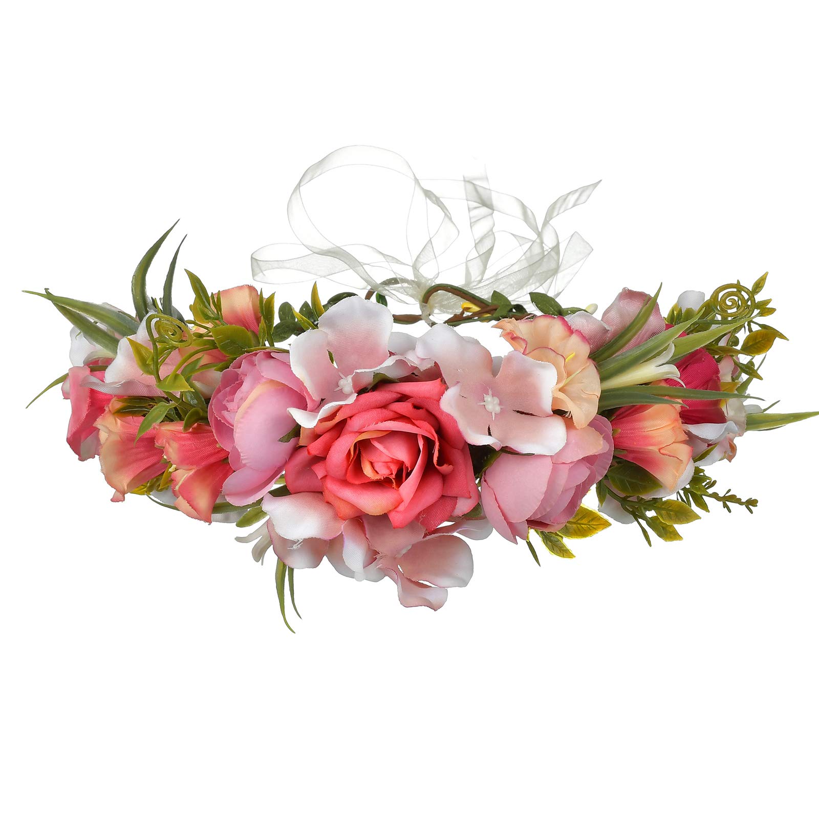 LLinfflr Women Floral Crown Boho Flower Headband Hair Wreath Floral Halo Headpiece with Ribbon Wedding Party Photos Rosy