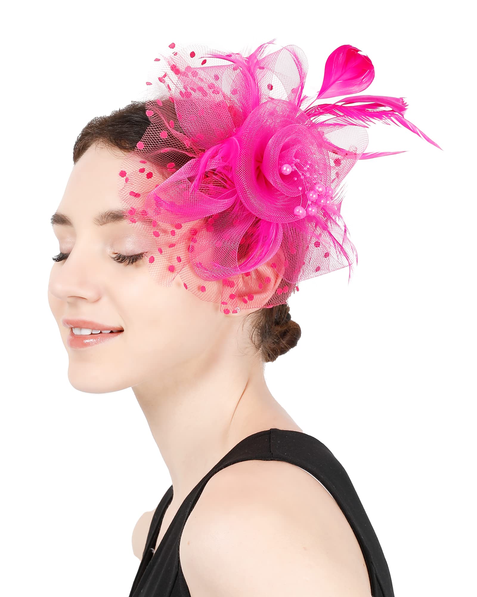 Fascinators Hat Flower Cocktail Lace Mesh Feathers Headband Clip for Women Tea Party Wedding Vintage Derby Hats-Hot Pink-01