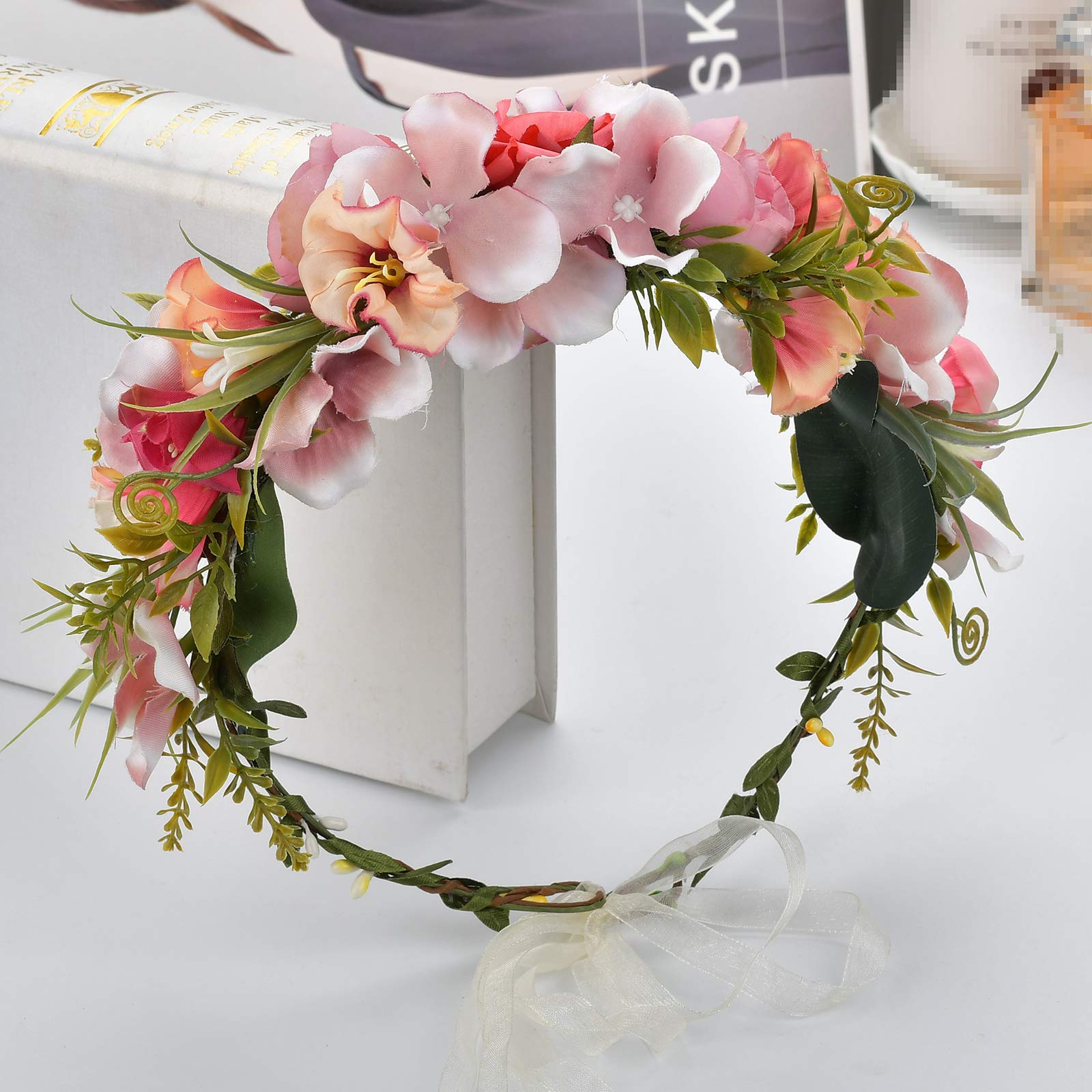 LLinfflr Women Floral Crown Boho Flower Headband Hair Wreath Floral Halo Headpiece with Ribbon Wedding Party Photos Rosy