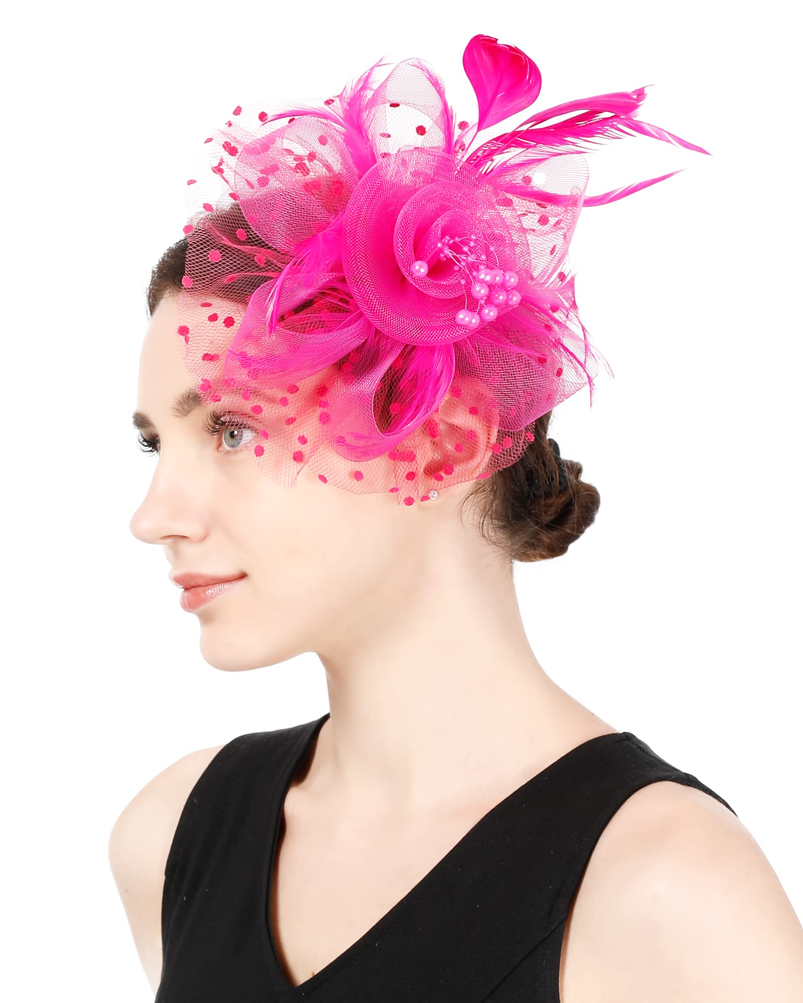 Fascinators Hat Flower Cocktail Lace Mesh Feathers Headband Clip for Women Tea Party Wedding Vintage Derby Hats-Hot Pink-01