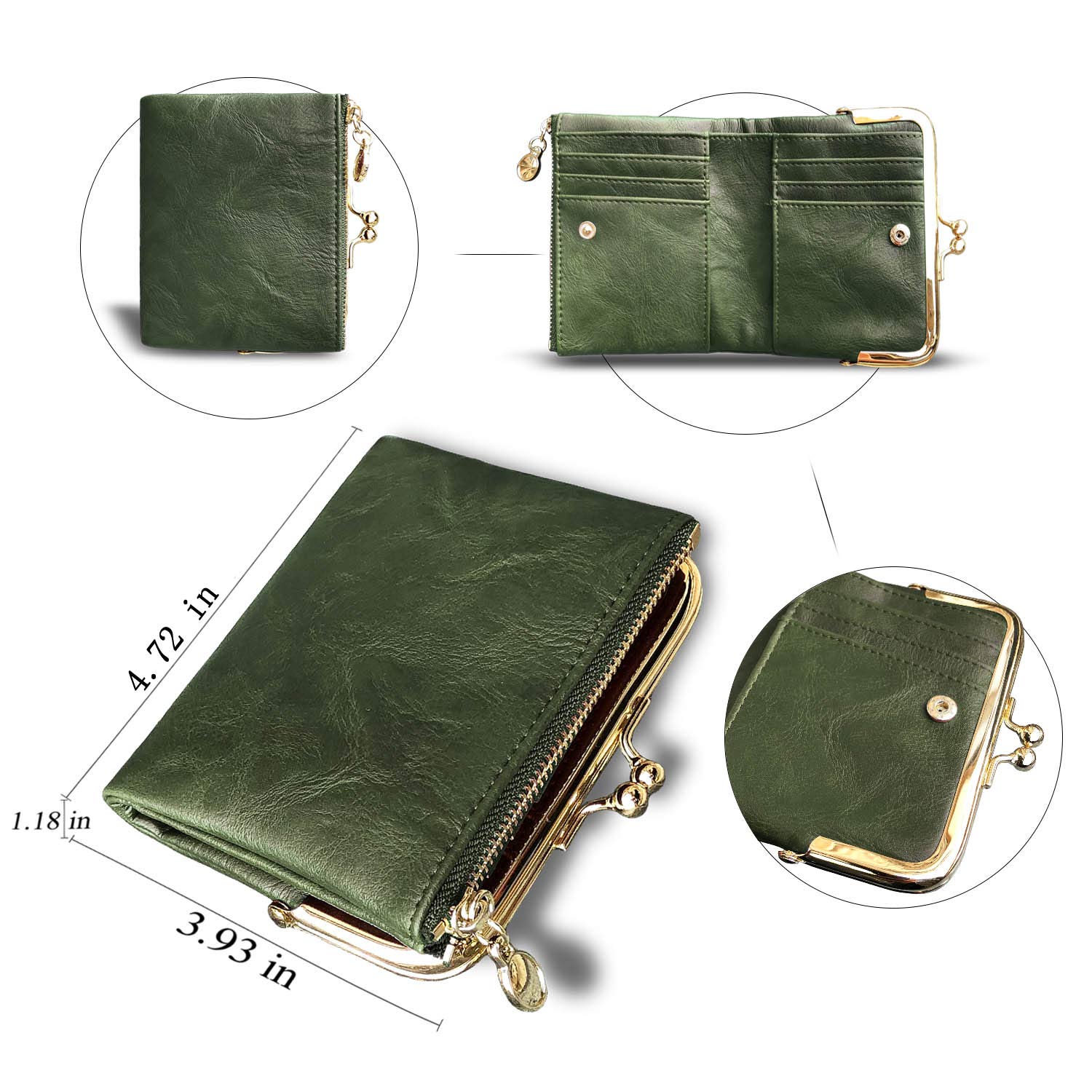 PofeeXIO Womens Wallet RFID Small Compact Bifold Leather Vintage Wallet,Ladies Coin Purse with Zipper and Kiss Lock (Green)