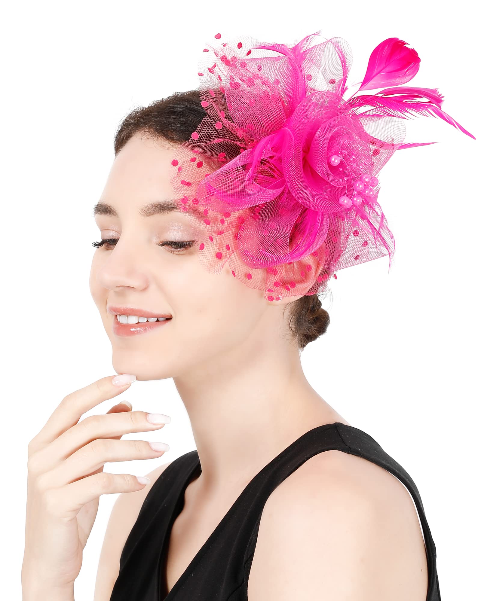 Fascinators Hat Flower Cocktail Lace Mesh Feathers Headband Clip for Women Tea Party Wedding Vintage Derby Hats-Hot Pink-01