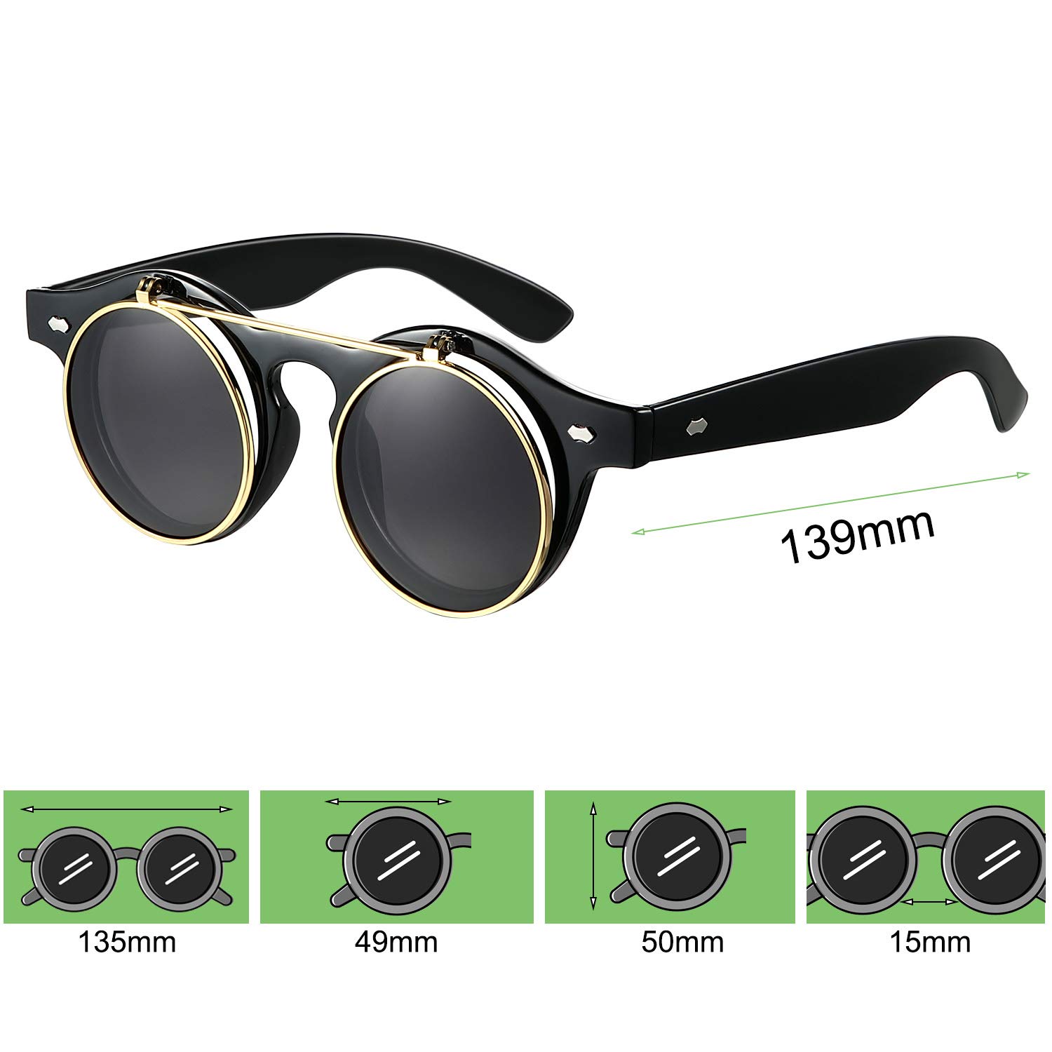 Frienda 3 Pairs Flip up Sunglasses for Men and Women Retro Round Goggles Steampunk Style for Christmas Birthday Party Gift