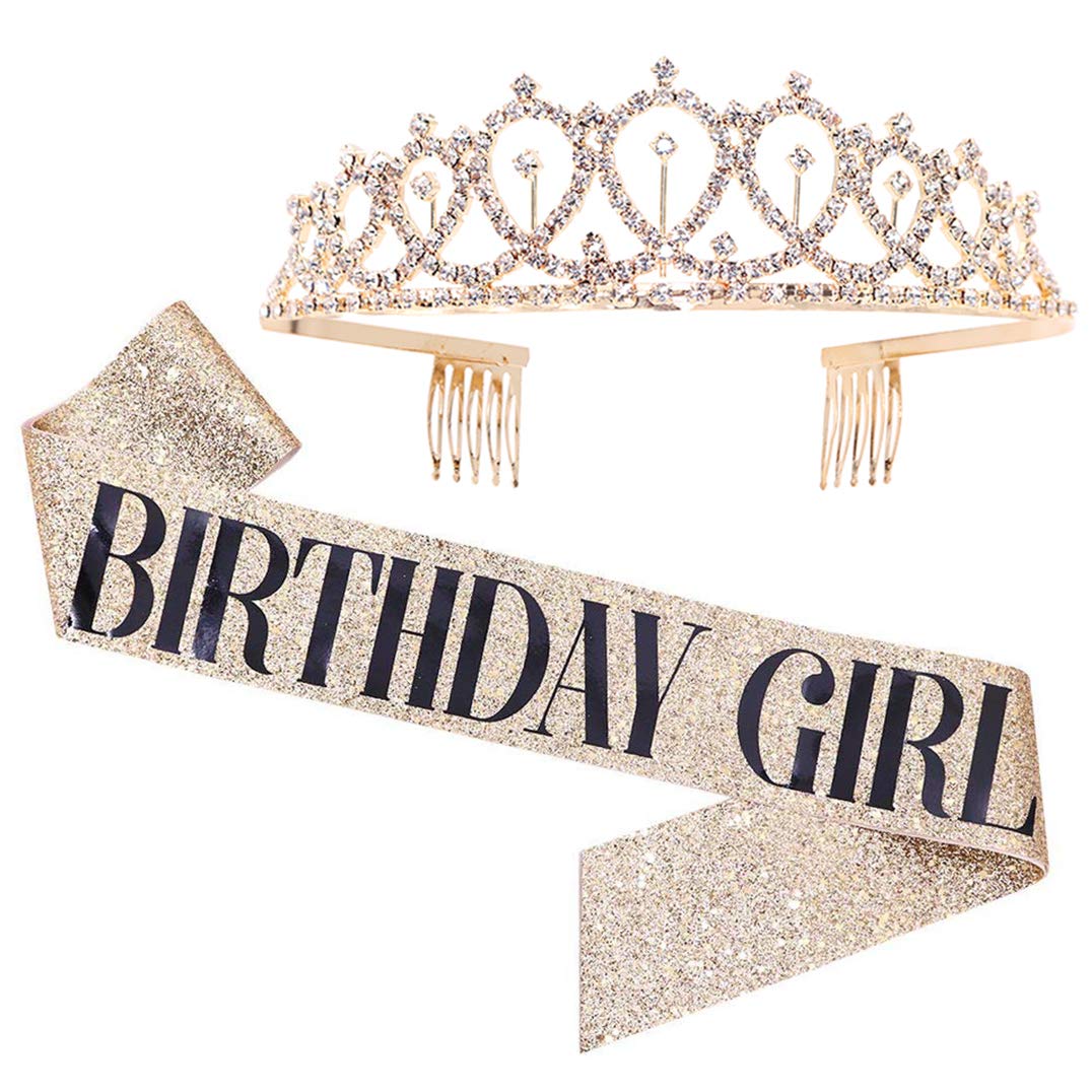 Birthday Girl Sash & Rhinestone Tiara Kit - Gold Glitter Birthday Gifts Birthday Sash for Women Birthday Party Supplies