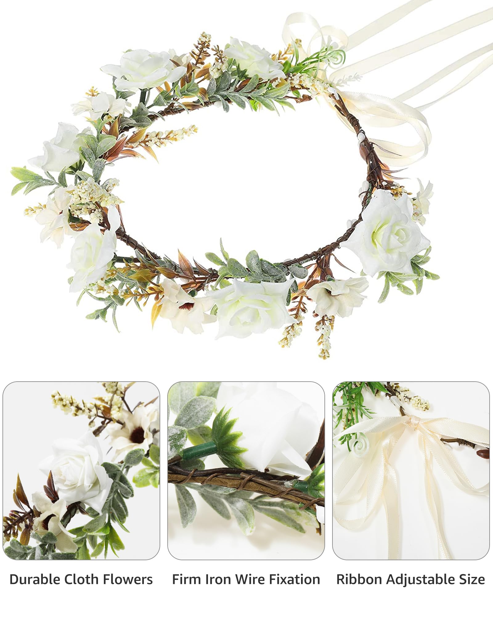 AWAYTR Leaf Flower Crown Garland Headpiece - Hair Floral Wreath Adjustable Flower Headbands for Bridal Wedding Festival Party Flower Leaves Crown (Cream white)