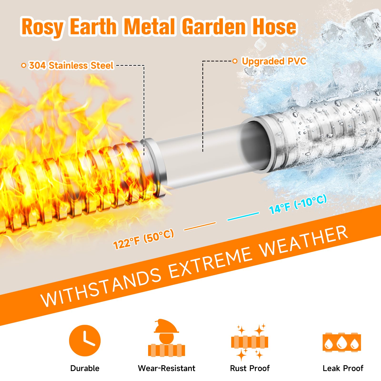 Rosy Earth 100 FT Garden Hose Expandable - 304 Stainless Steel Water Hose 100 FT - Heavy Duty Flexible Kink Free Hose, no Bite