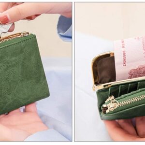 PofeeXIO Womens Wallet RFID Small Compact Bifold Leather Vintage Wallet,Ladies Coin Purse with Zipper and Kiss Lock (Green)