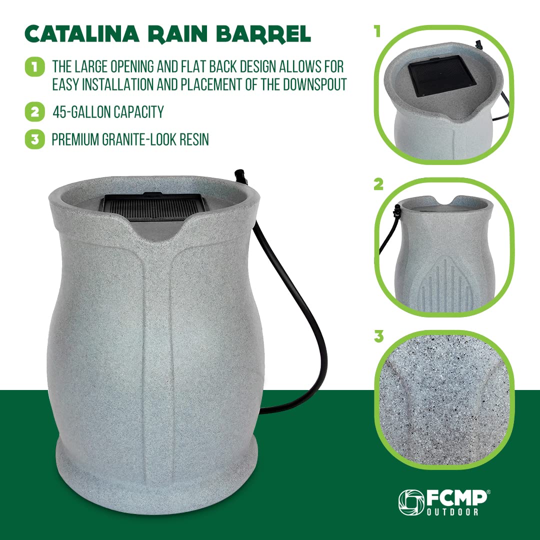 FCMP Outdoor Catalina 45-Gallon Rain Barrel – BPA-Free Flat-Back Design with 3.5 Foot Garden Hose, Shut-Off Thumb Valve, and Fixed Lid, Light Granite