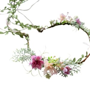 LLinfflr Vine Flower Crown Boho Flower Headband Hair Wreath Floral Halo Headpiece with Ribbon Wedding Party Photos Rosy