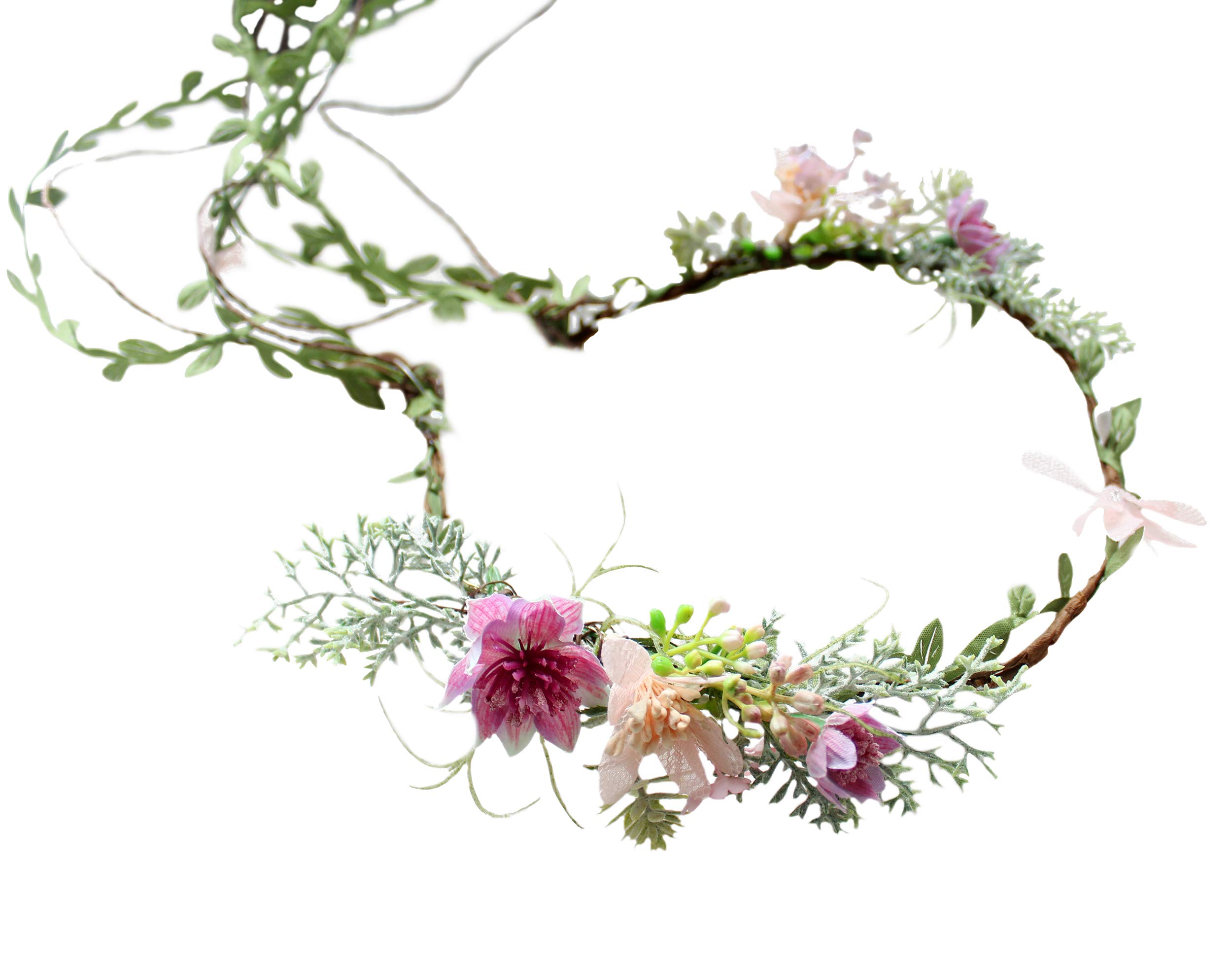 LLinfflr Vine Flower Crown Boho Flower Headband Hair Wreath Floral Halo Headpiece with Ribbon Wedding Party Photos Rosy