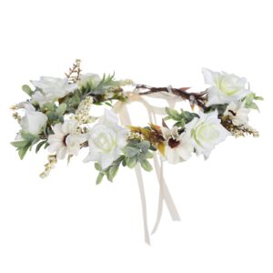 awaytr leaf flower crown garland headpiece - hair floral wreath adjustable flower headbands for bridal wedding festival party flower leaves crown (cream white)