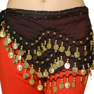 COSICS Belly Dance Hip Scarf, Women's Black Chiffon Belly Dancing Scarf with 128 Gold Coins for Yoga Class