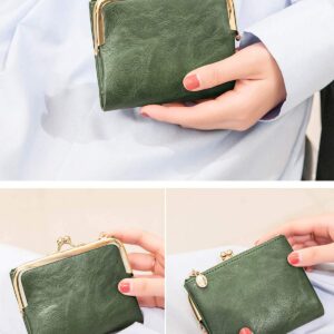 PofeeXIO Womens Wallet RFID Small Compact Bifold Leather Vintage Wallet,Ladies Coin Purse with Zipper and Kiss Lock (Green)