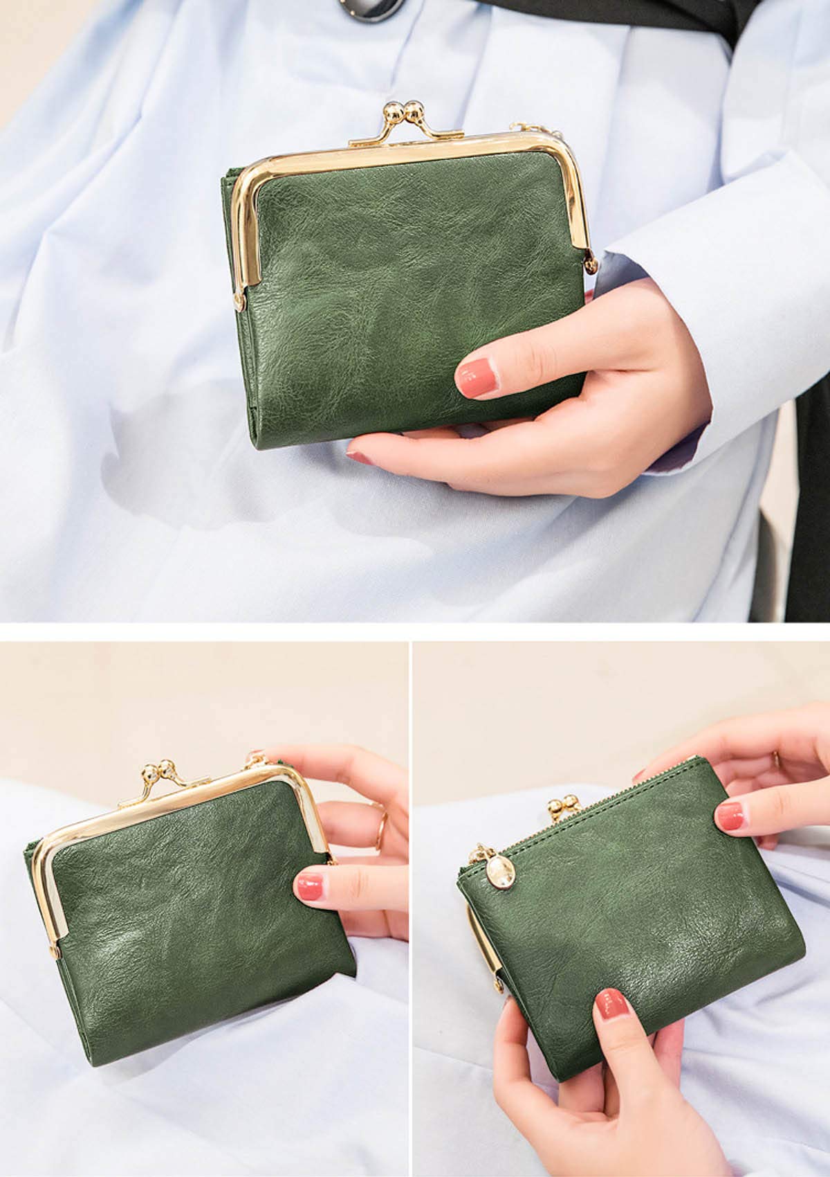 PofeeXIO Womens Wallet RFID Small Compact Bifold Leather Vintage Wallet,Ladies Coin Purse with Zipper and Kiss Lock (Green)