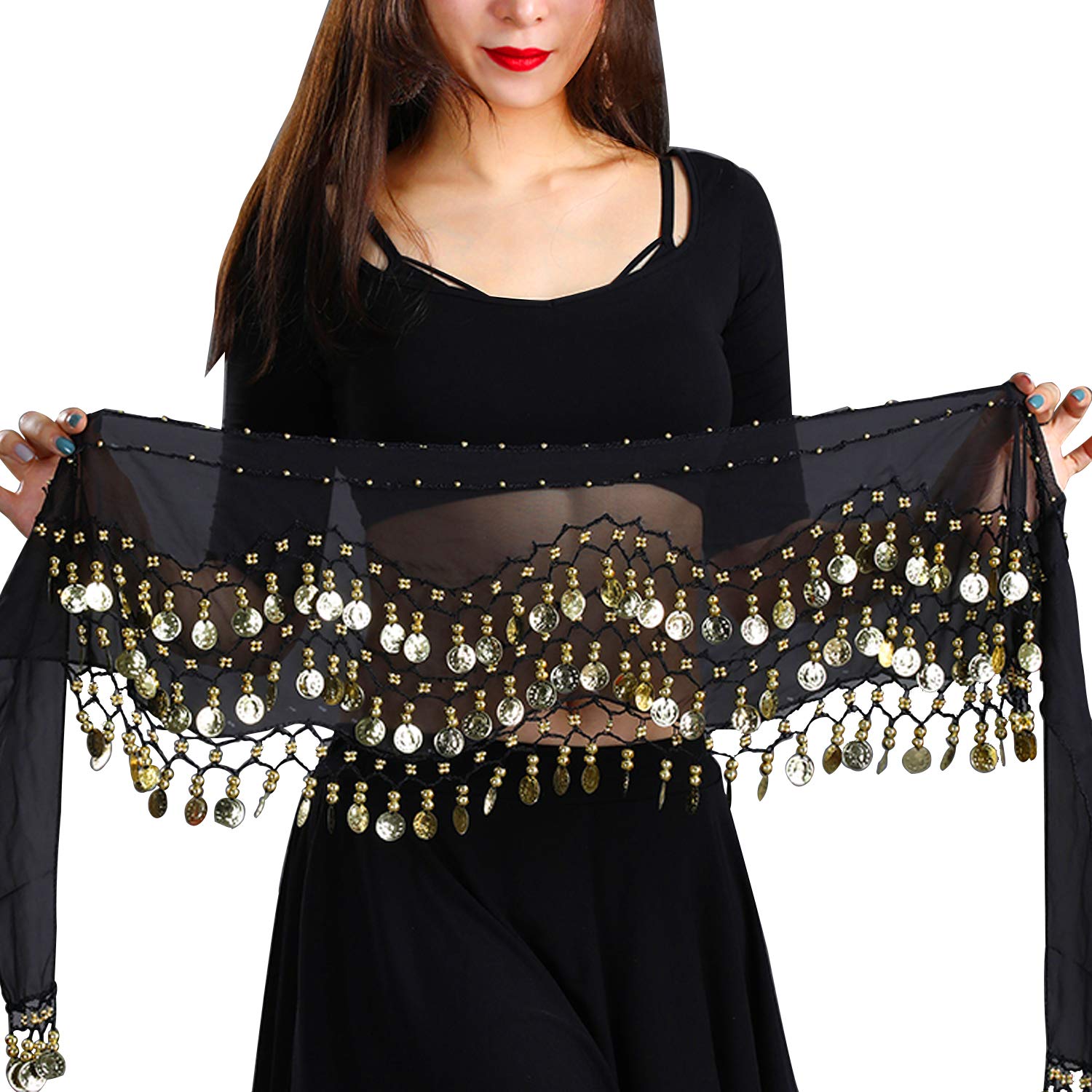 COSICS Belly Dance Hip Scarf, Women's Black Chiffon Belly Dancing Scarf with 128 Gold Coins for Yoga Class