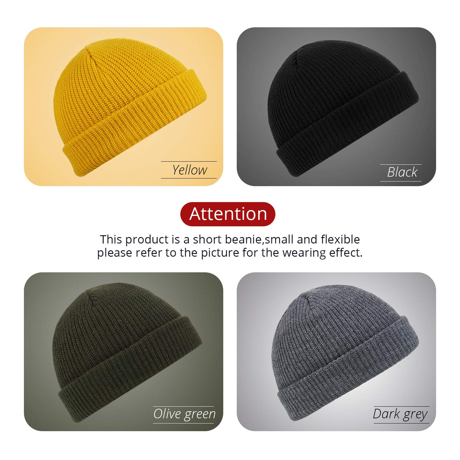 SATINIOR 4 Pieces Trawler Beanie Watch Hat Roll up Edge Skullcap Fisherman Beanie Unisex (Black, Army Green, Dark Gray, Yellow)