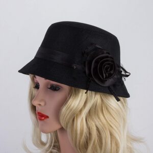 Vijiv Women's Vintage 1920s Gatsby Hat Linen Bucket Cloche Derby Church Hat for Cocktail Party with Floral 56-58cm Black