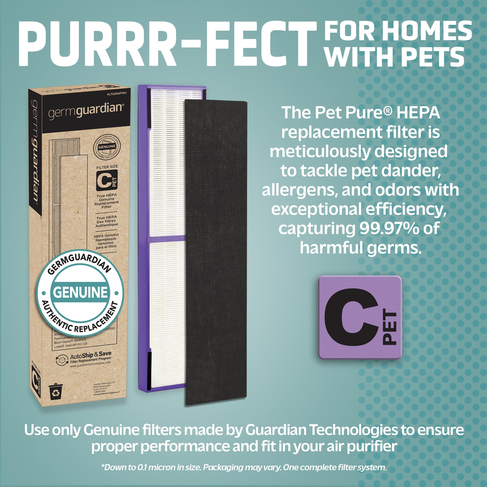 GermGuardian Filter C Pet Pure HEPA Genuine Air Purifier Replacement Filter, Removes 99.97% of Pollutants, for AC5000, AC5250, AC5300, AC5350, CDAP5500, AP2800, 2-Pack, Black/Purple, FLT5250PT2PK