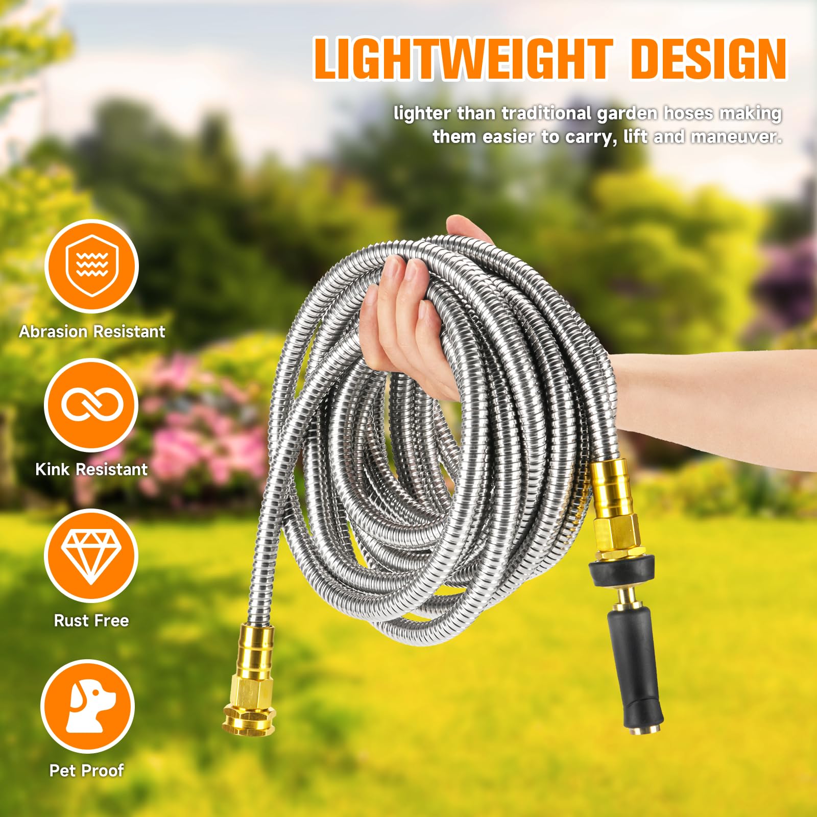 Rosy Earth 100 FT Garden Hose Expandable - 304 Stainless Steel Water Hose 100 FT - Heavy Duty Flexible Kink Free Hose, no Bite