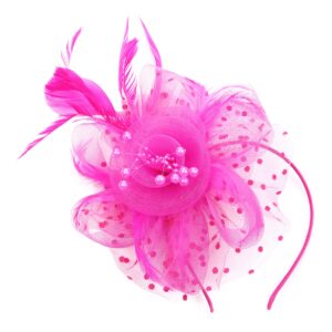 Fascinators Hat Flower Cocktail Lace Mesh Feathers Headband Clip for Women Tea Party Wedding Vintage Derby Hats-Hot Pink-01