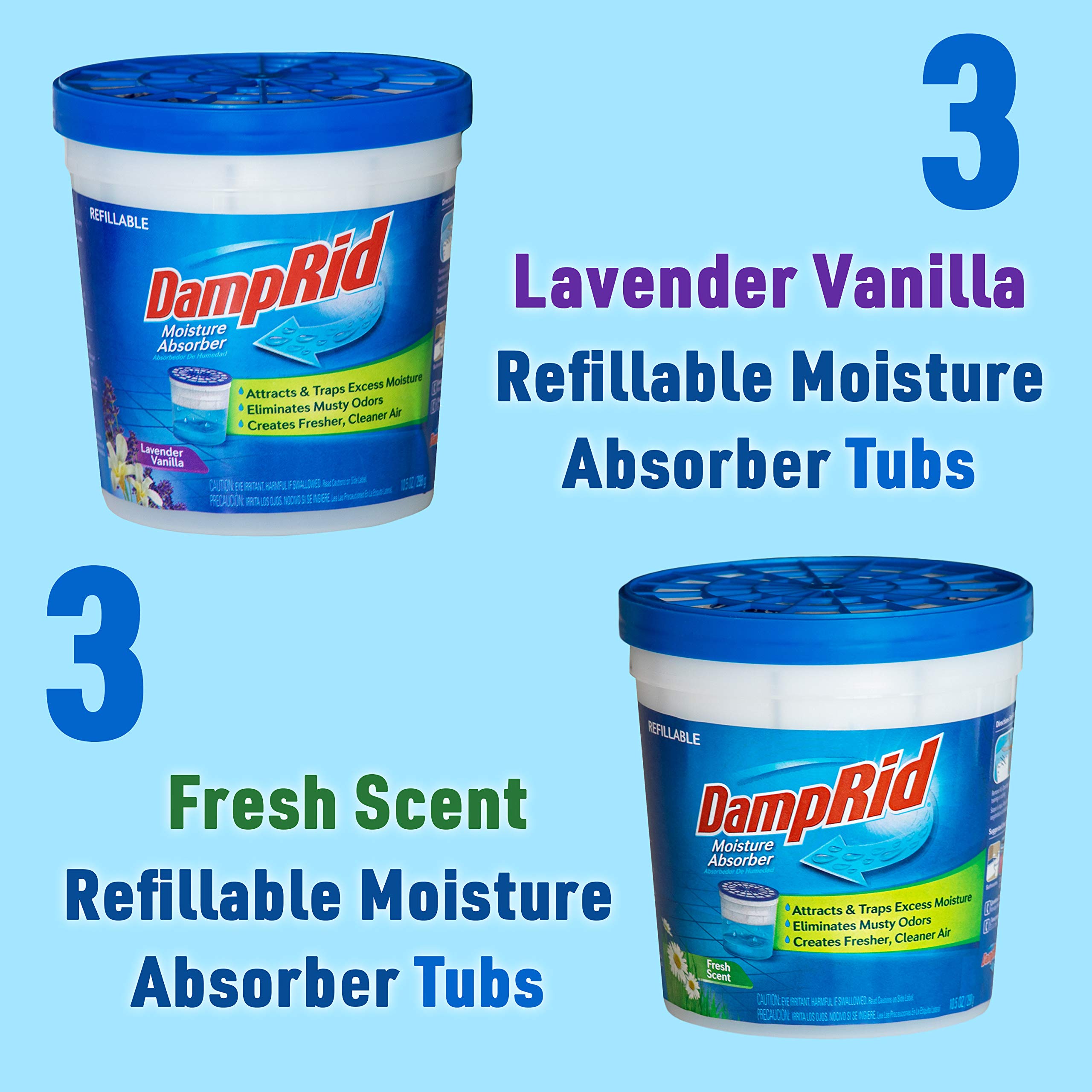 DampRid Refillable Absorber Variety Pack, 10.5 oz. Cups, 6 Pack, 3 Fresh Scent, 3 Lavender Vanilla, Traps Moisture for Fresher, Cleaner Air