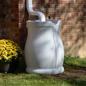 FCMP Outdoor Catalina 45-Gallon Rain Barrel – BPA-Free Flat-Back Design with 3.5 Foot Garden Hose, Shut-Off Thumb Valve, and Fixed Lid, Light Granite