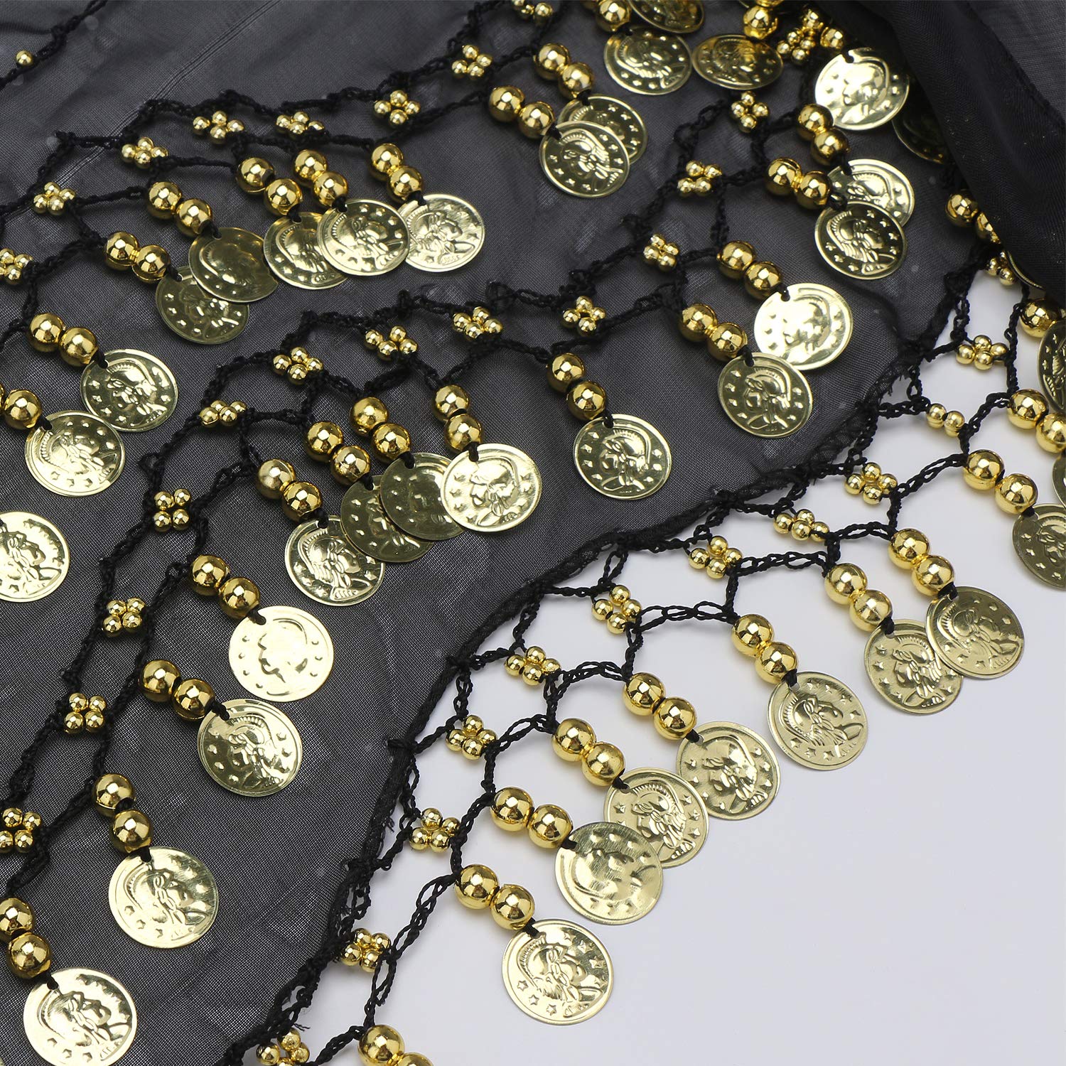 COSICS Belly Dance Hip Scarf, Women's Black Chiffon Belly Dancing Scarf with 128 Gold Coins for Yoga Class