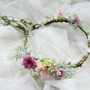 LLinfflr Vine Flower Crown Boho Flower Headband Hair Wreath Floral Halo Headpiece with Ribbon Wedding Party Photos Rosy