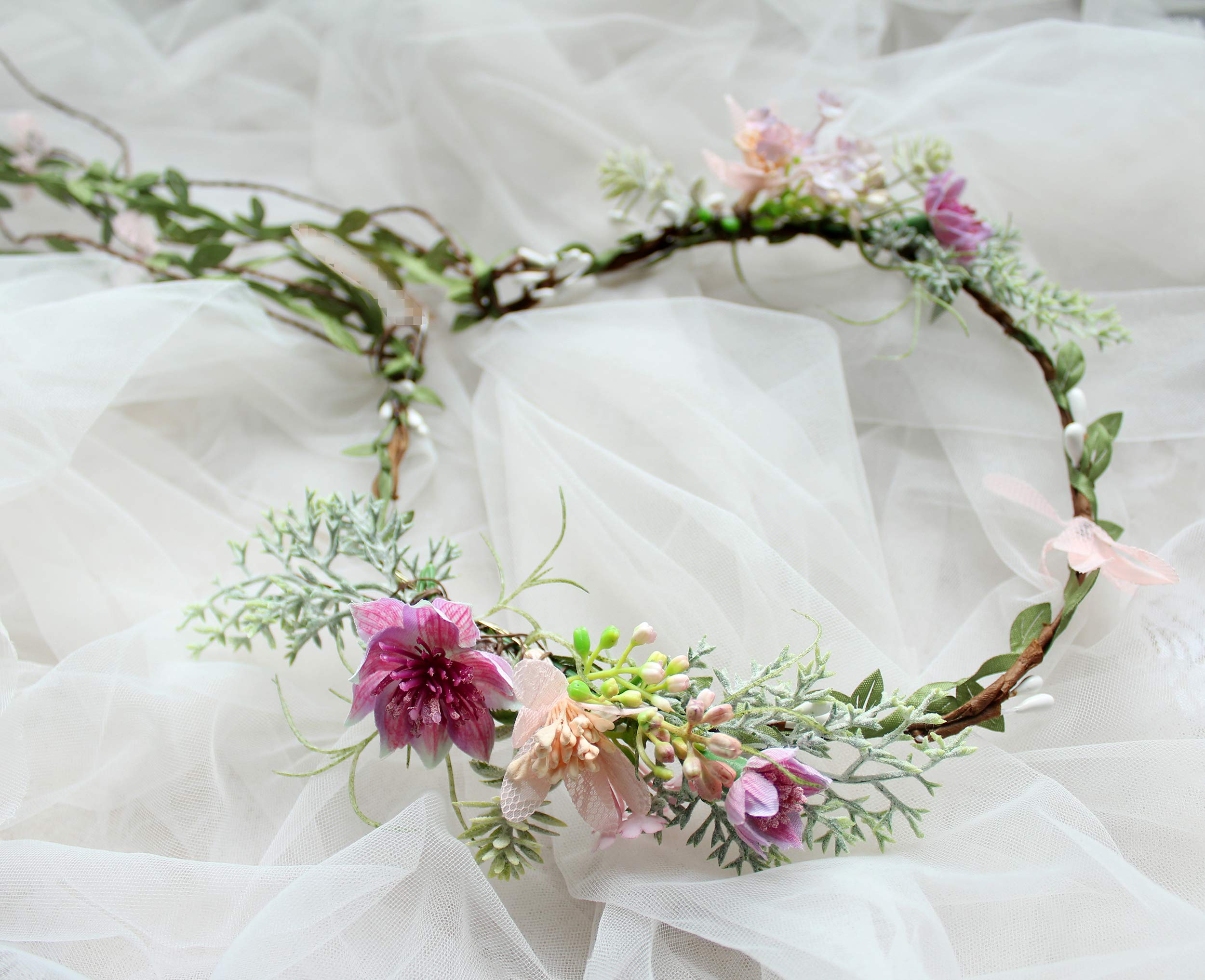 LLinfflr Vine Flower Crown Boho Flower Headband Hair Wreath Floral Halo Headpiece with Ribbon Wedding Party Photos Rosy