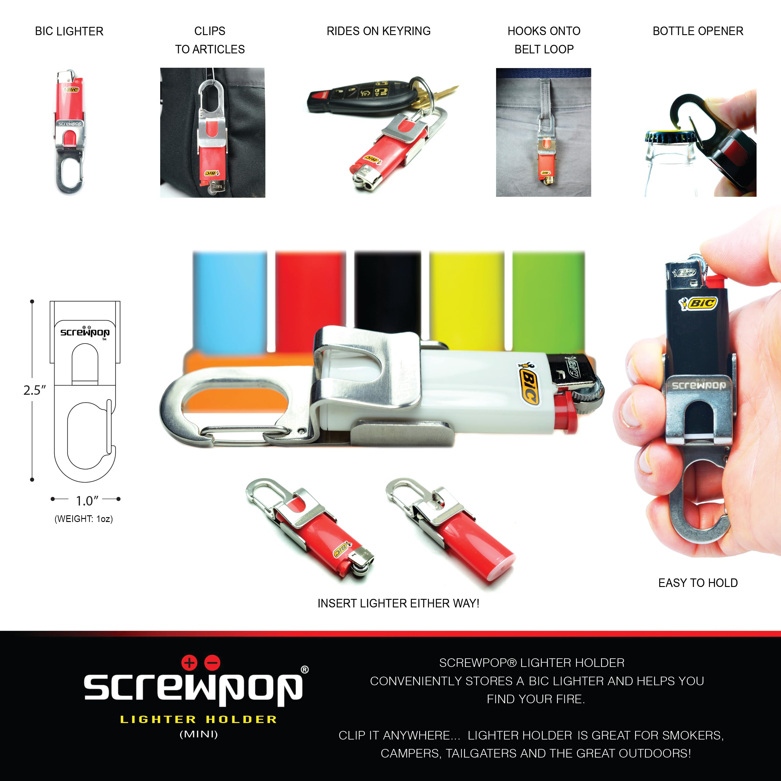 Screwpop Bic Standard Full-Size Lighter Holder Keychain Multi Tool with Carabiner Clip and Bottle Opener Stainless Steel Construction (Lighter Not Included)