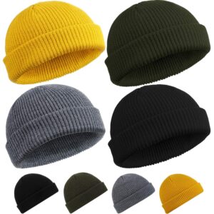 satinior 4 pieces trawler beanie watch hat roll up edge skullcap fisherman beanie unisex (black, army green, dark gray, yellow)